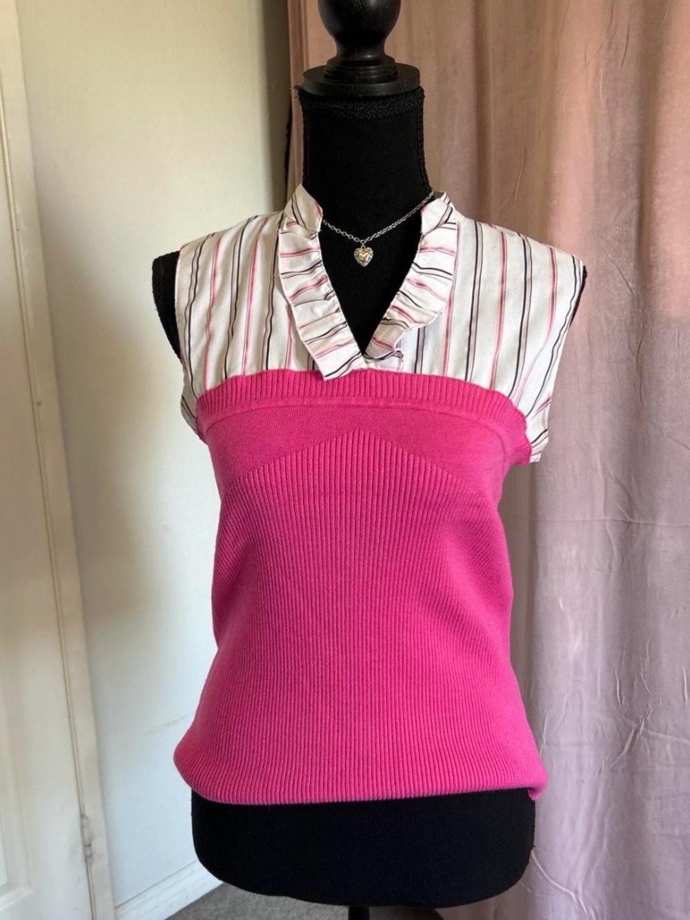 Y2K pink striped blouse with ruffle collar and tie detail
